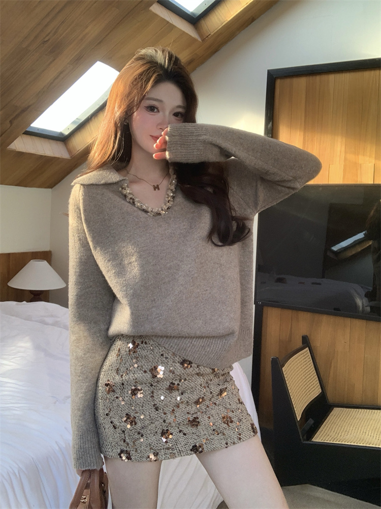 French Light Mature Fashion Set Women V Neck Solid Loose Sweater Sequin Slimming Skirt Two Piece