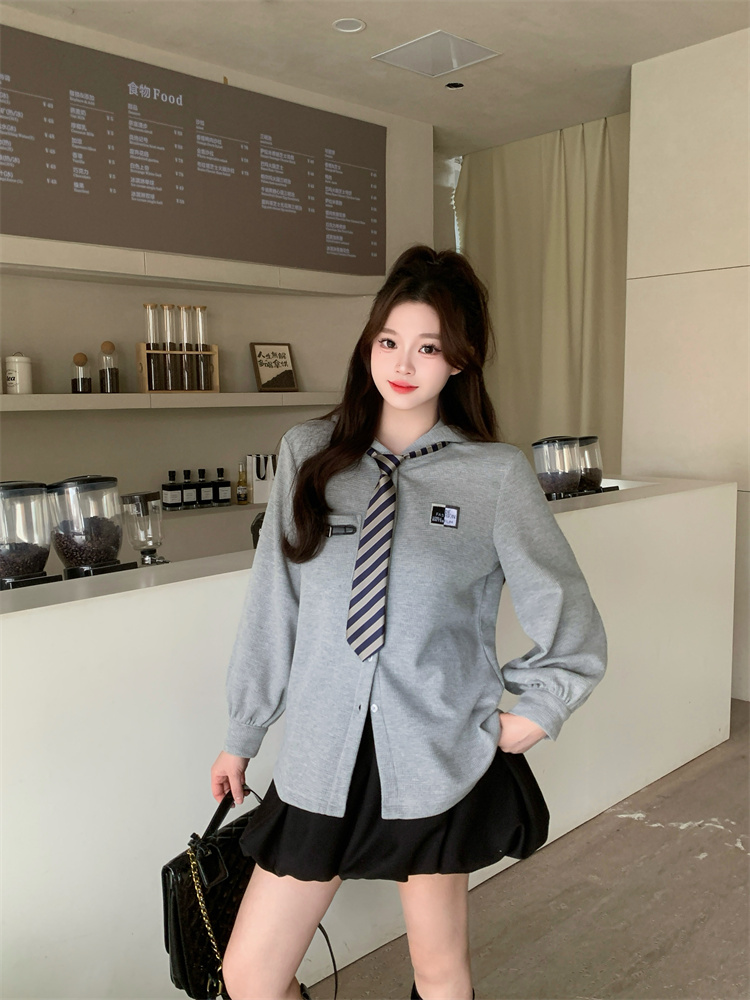 Preppy Waffle Shirt and Bubble Skirt Set for Women Spring 2026 - Image 3
