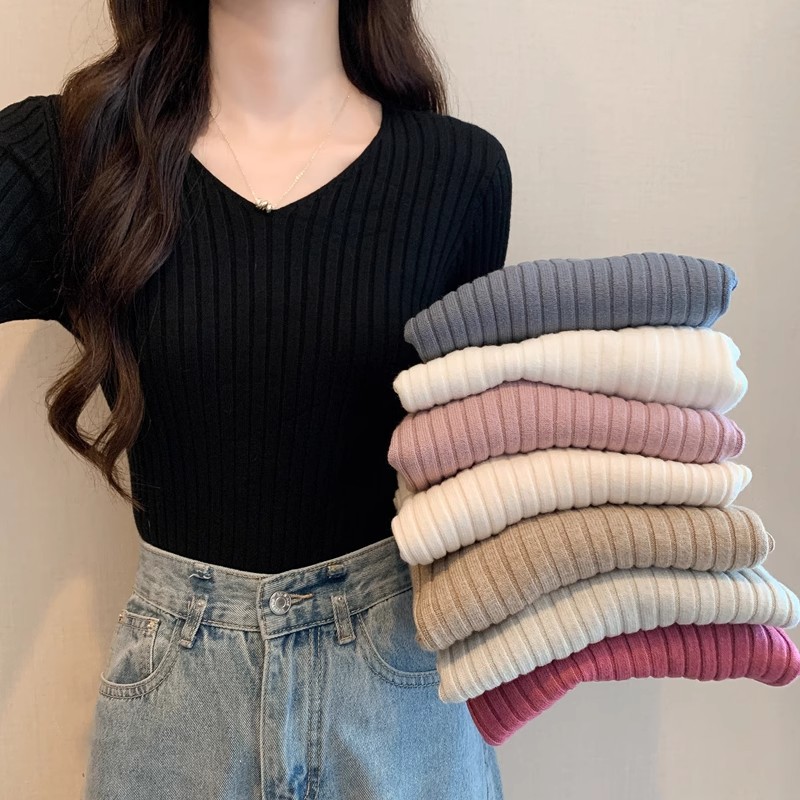 Women's V-Neck Long Sleeve Knit Top 2026 Fall Slim Fit Pullover Sweater