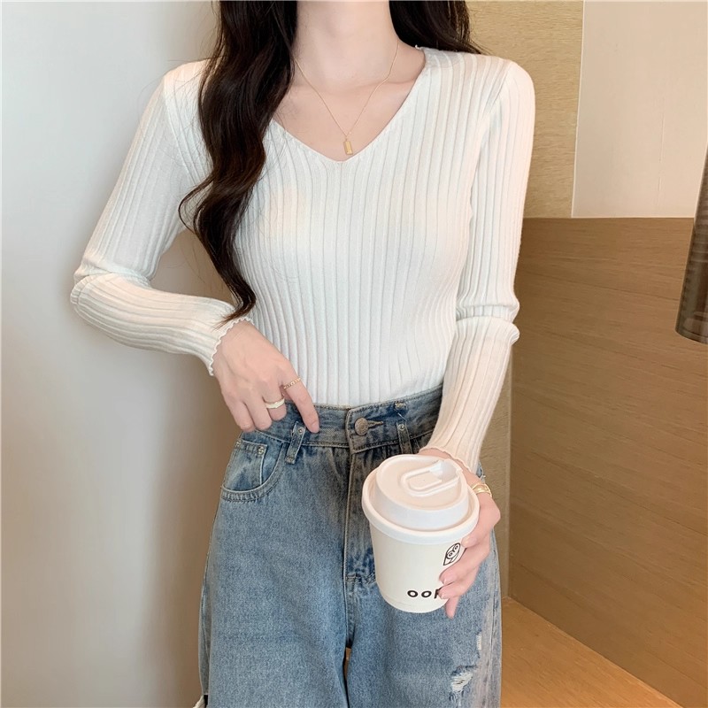 Women's V-Neck Long Sleeve Knit Top 2026 Fall Slim Fit Pullover Sweater - Image 2