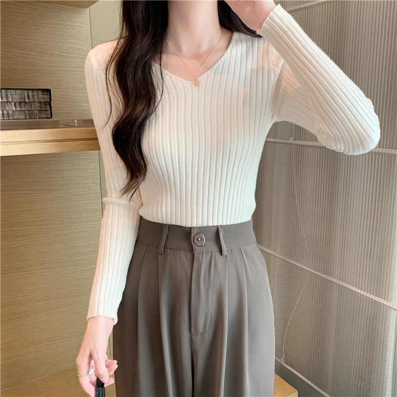 Women's V-Neck Long Sleeve Knit Top 2026 Fall Slim Fit Pullover Sweater - Image 4