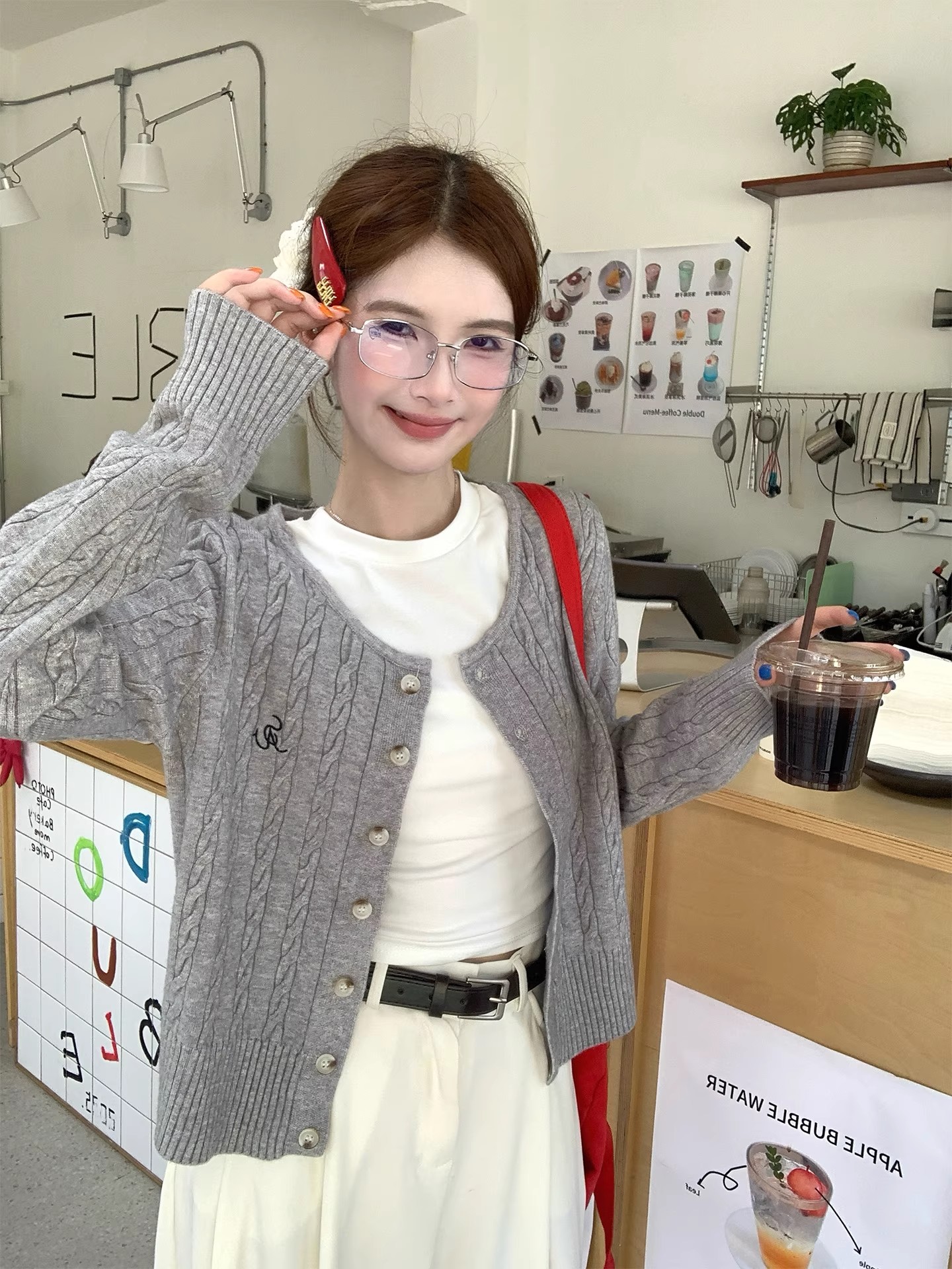 Red Cardigan Women's Fall Winter 2026 Cable Knit Sweater Outerwear - Image 3