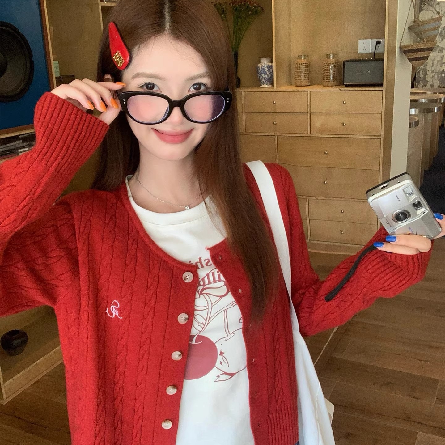 Red Cardigan Women's Fall Winter 2026 Cable Knit Sweater Outerwear - Image 5