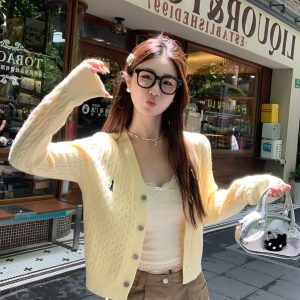 V-Neck Cable Knit Cardigan Sweater for Women Fall 2026 New Style