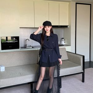 Women's Striped Belt Shirt and Skirt Set Casual Loose Fit Cotton Spring