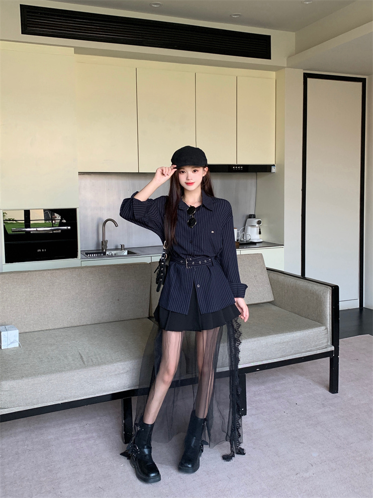Women's Striped Belt Shirt and Skirt Set Casual Loose Fit Cotton Spring