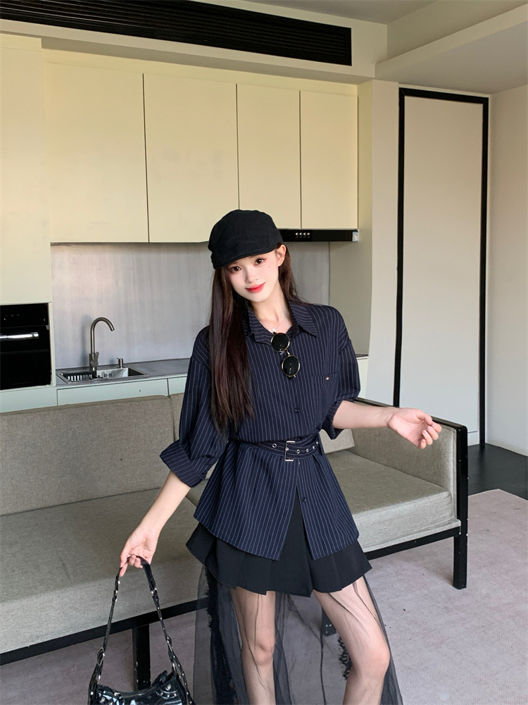 Women's Striped Belt Shirt and Skirt Set Casual Loose Fit Cotton Spring - Image 2