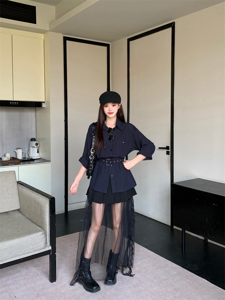 Women's Striped Belt Shirt and Skirt Set Casual Loose Fit Cotton Spring - Image 4