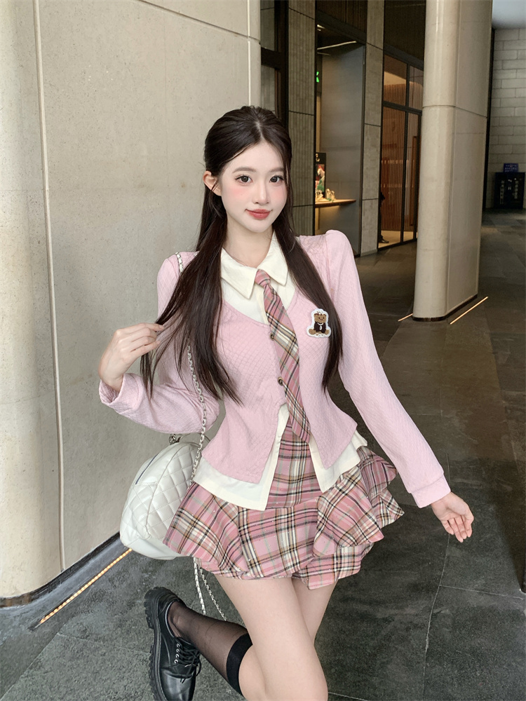 Korean Preppy JK Uniform Two-Piece Skirt Set for Women Faux Two-Piece Top - Image 2