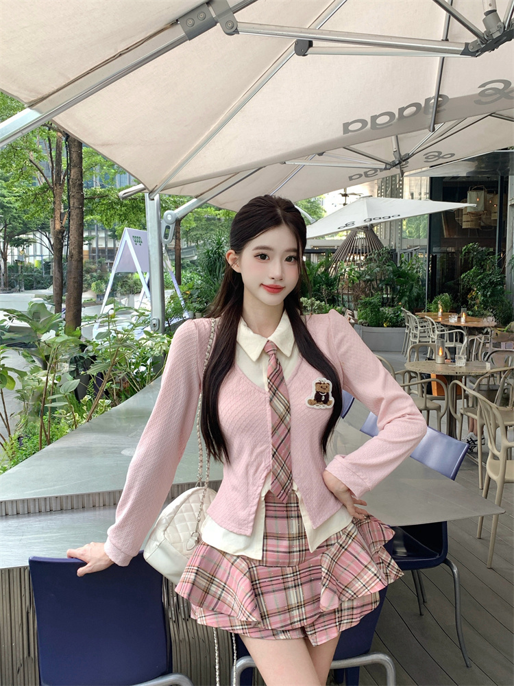 Korean Preppy JK Uniform Two-Piece Skirt Set for Women Faux Two-Piece Top - Image 4