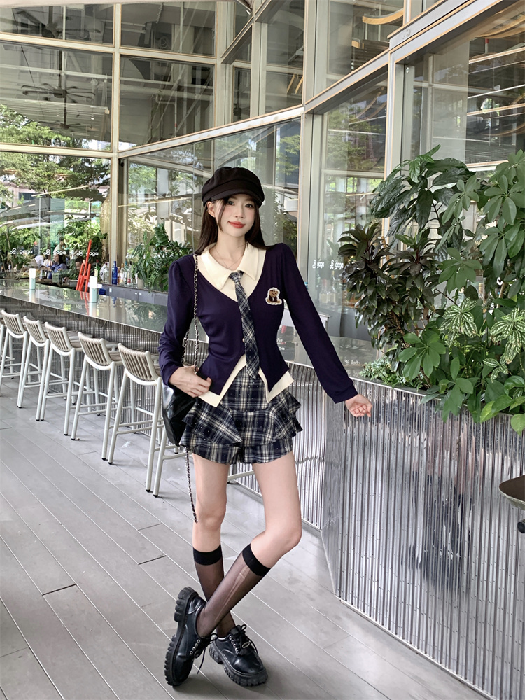 Korean Preppy JK Uniform Two-Piece Skirt Set for Women Faux Two-Piece Top - Image 3