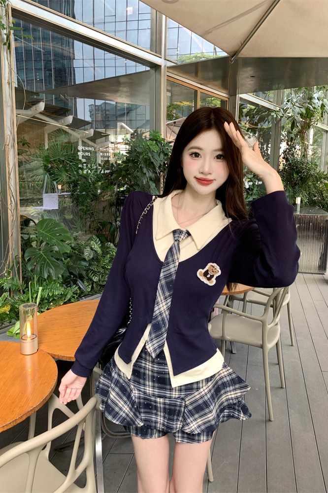 Korean Preppy JK Uniform Two-Piece Skirt Set for Women Faux Two-Piece Top - Image 5