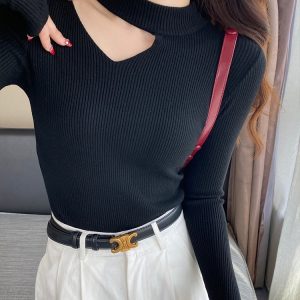 Black Cutout Knit Sweater 2026 New Fall Winter Base Layer Women's Pullover Top with Halter Design