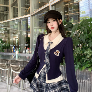 Korean Preppy JK Uniform Two-Piece Skirt Set for Women Faux Two-Piece Top