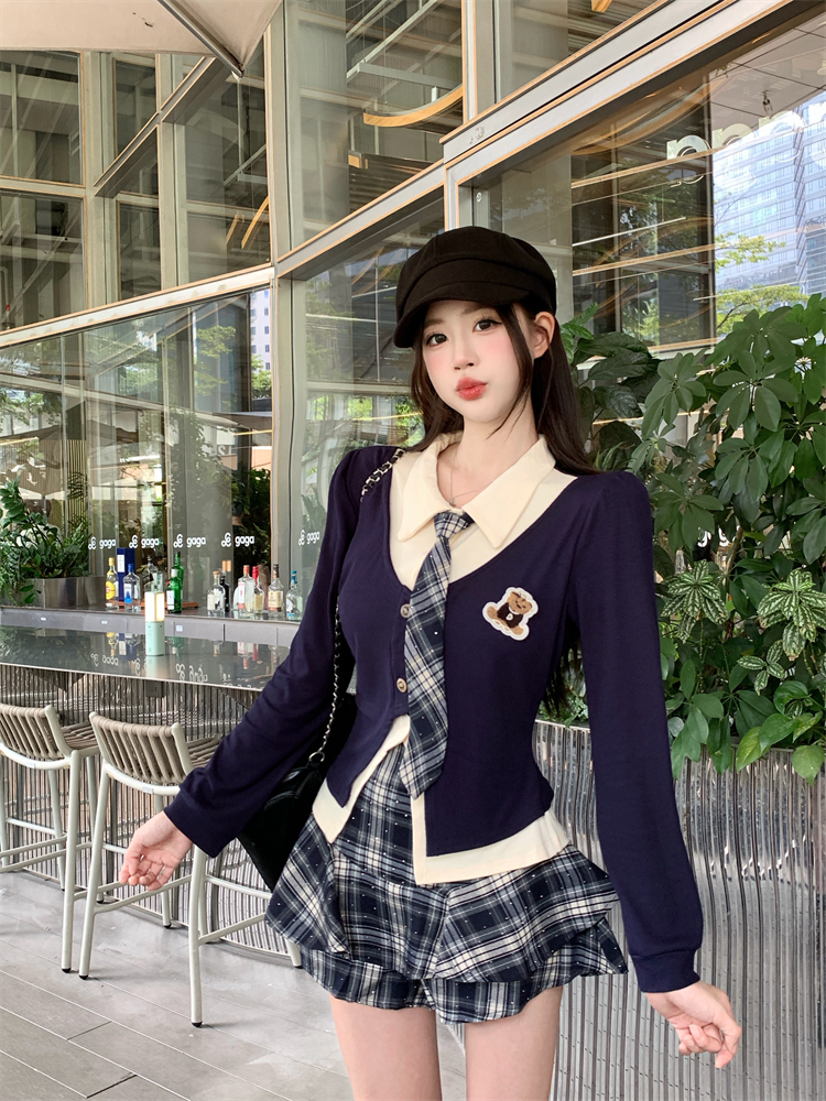 Korean Preppy JK Uniform Two-Piece Skirt Set for Women Faux Two-Piece Top