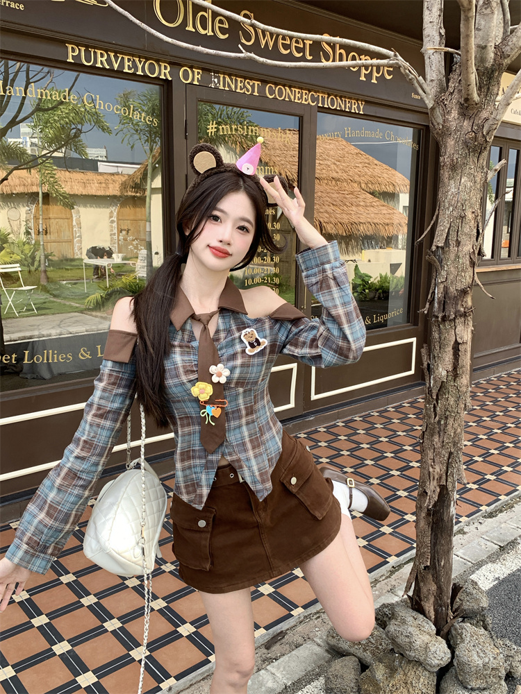 Women's Sweet Cool Plaid Shirt Top with Tie and Flower Accessories Spring 2026