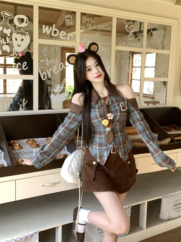 Women's Sweet Cool Plaid Shirt Top with Tie and Flower Accessories Spring 2026 - Image 2