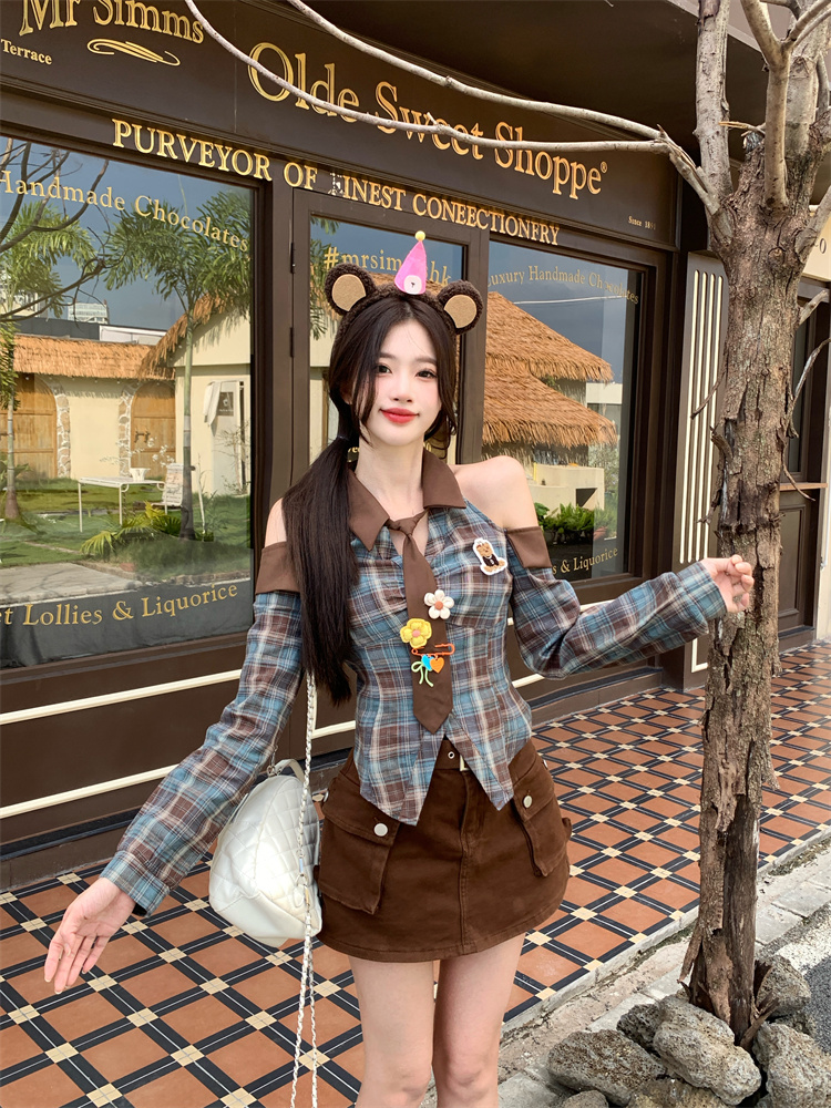 Women's Sweet Cool Plaid Shirt Top with Tie and Flower Accessories Spring 2026 - Image 3