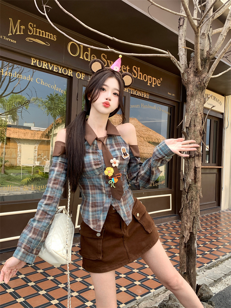 Women's Sweet Cool Plaid Shirt Top with Tie and Flower Accessories Spring 2026 - Image 4