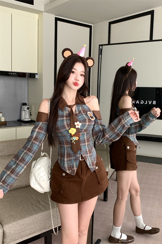 Women's Sweet Cool Plaid Shirt Top with Tie and Flower Accessories Spring 2026 - Image 5