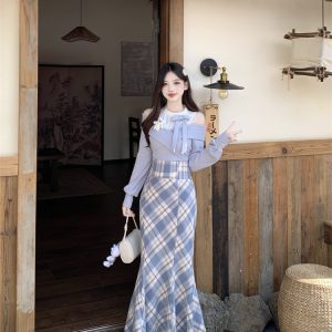 Misty Blue Plaid Mermaid Skirt Two-Piece Set for Women Spring
