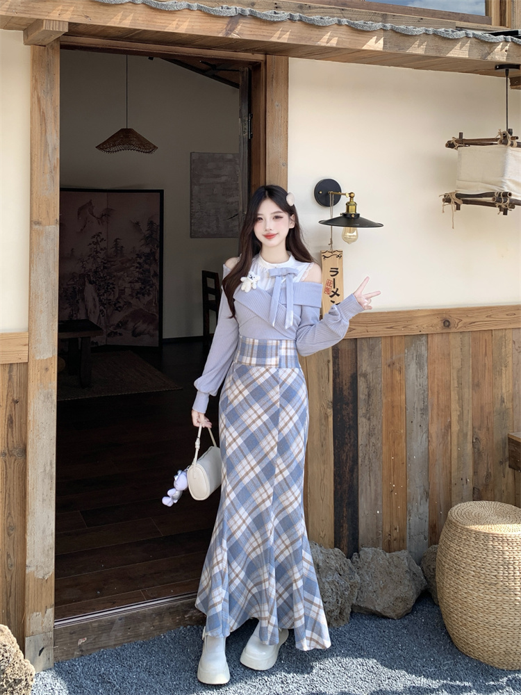 Misty Blue Plaid Mermaid Skirt Two-Piece Set for Women Spring
