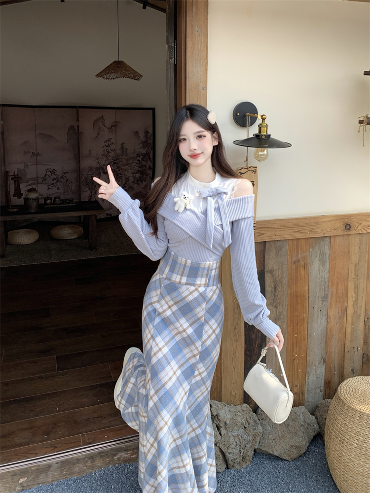 Misty Blue Plaid Mermaid Skirt Two-Piece Set for Women Spring - Image 3