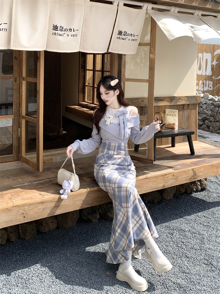Misty Blue Plaid Mermaid Skirt Two-Piece Set for Women Spring - Image 2