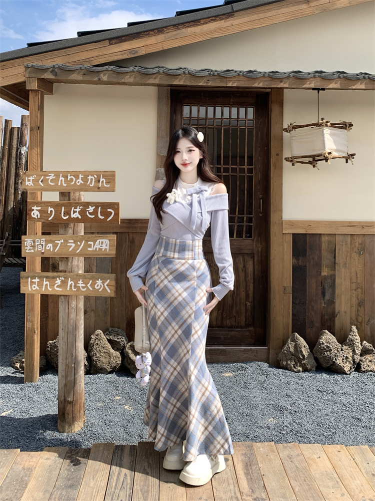 Misty Blue Plaid Mermaid Skirt Two-Piece Set for Women Spring - Image 4