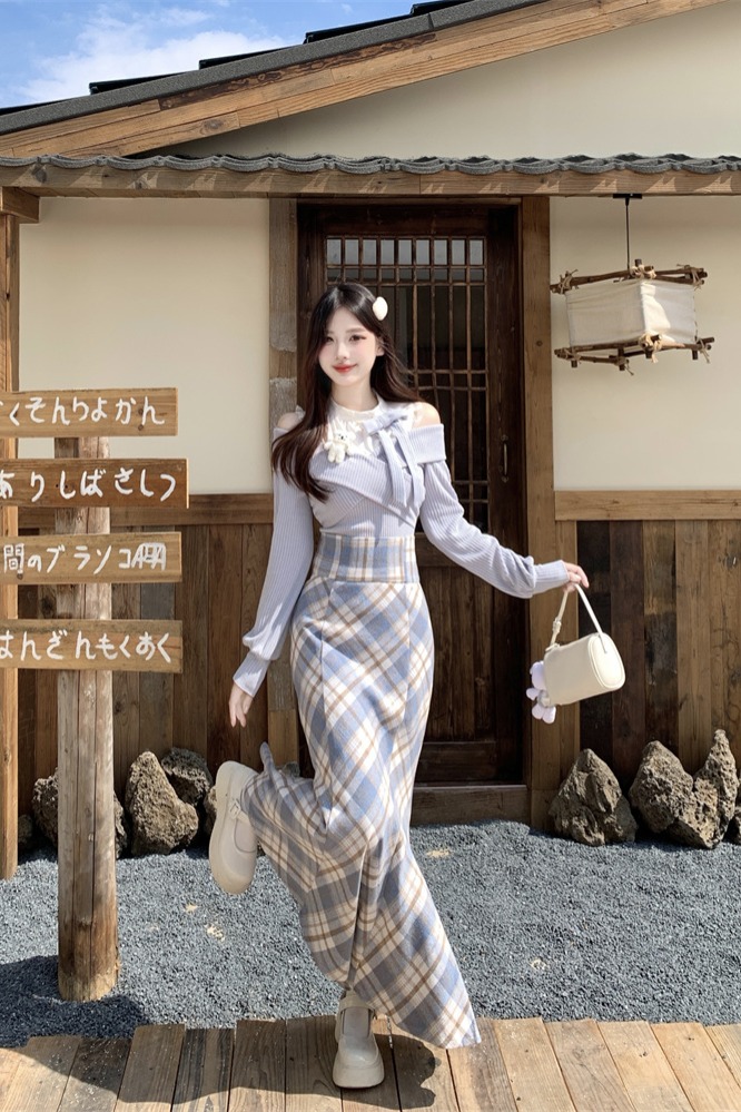 Misty Blue Plaid Mermaid Skirt Two-Piece Set for Women Spring - Image 5