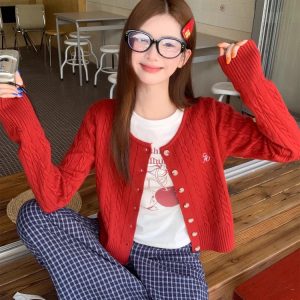 Red Cardigan Women's Fall Winter 2026 Cable Knit Sweater Outerwear