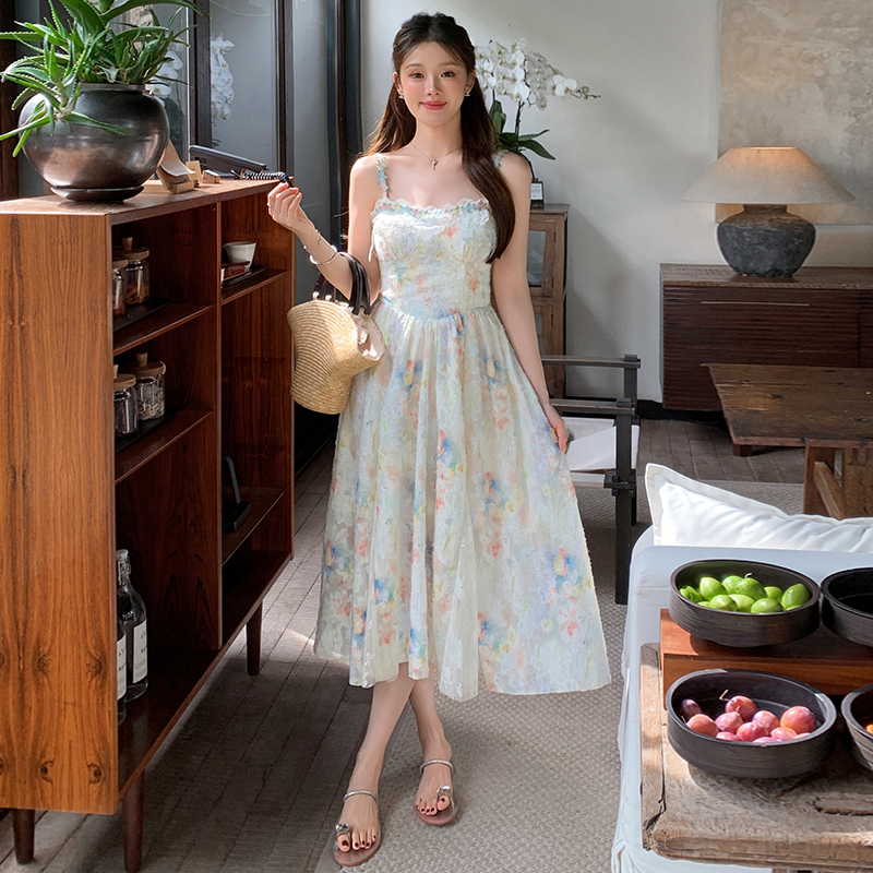 French Floral Slip Dress Two-Piece Set Women Summer Cinched Waist Long Fairy Vacation Beach Dress - Image 3