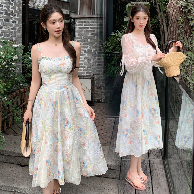 French Floral Slip Dress Two-Piece Set Women Summer Cinched Waist Long Fairy Vacation Beach Dress - Image 2