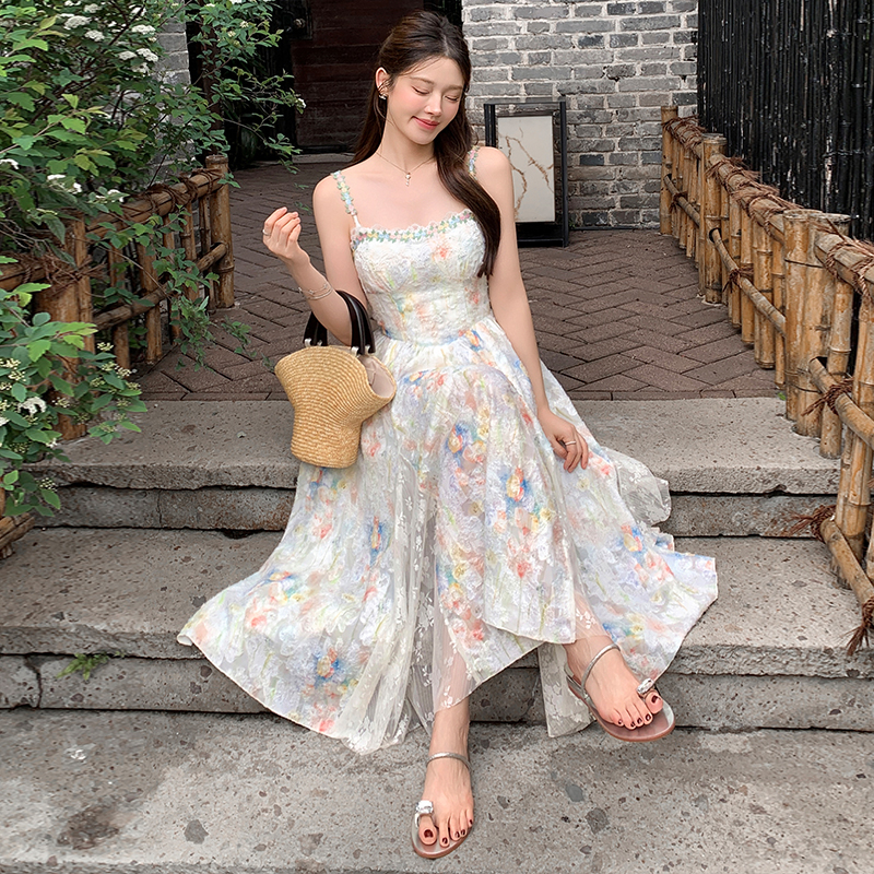 French Floral Slip Dress Two-Piece Set Women Summer Cinched Waist Long Fairy Vacation Beach Dress