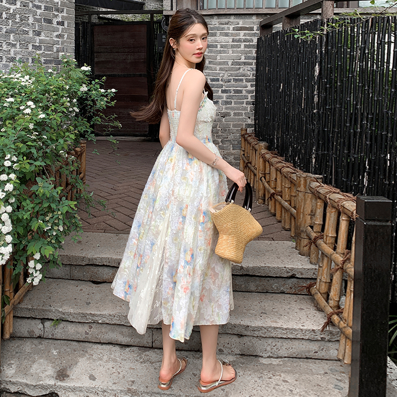 French Floral Slip Dress Two-Piece Set Women Summer Cinched Waist Long Fairy Vacation Beach Dress - Image 4