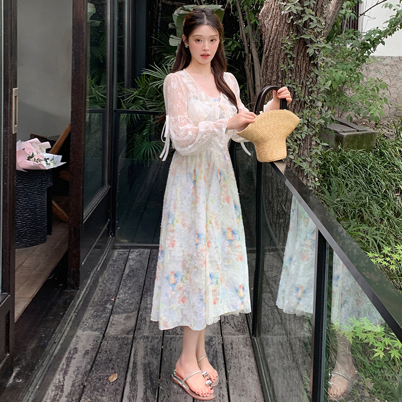 French Floral Slip Dress Two-Piece Set Women Summer Cinched Waist Long Fairy Vacation Beach Dress - Image 5