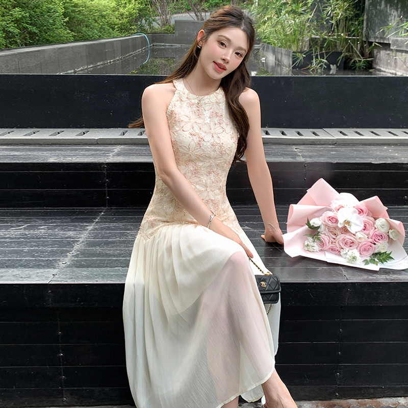 Light Color Sleeveless Floral Dress Women Summer Daily Date Beach Vacation Waist Cinched Slimming Gentle Style - Image 3