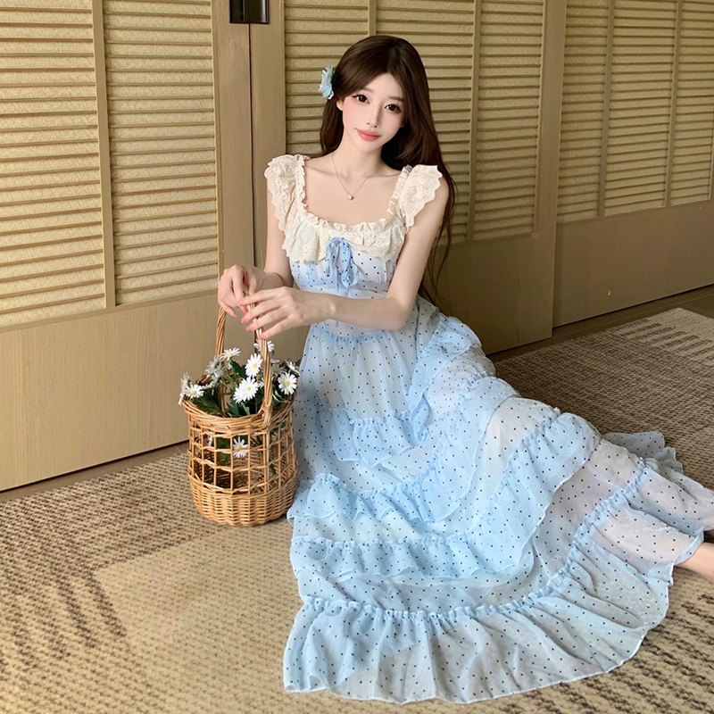 Blue Floral Off-Shoulder Long Dress Women French Waist-Slimming Sweet Princess Dress Summer New - Image 4