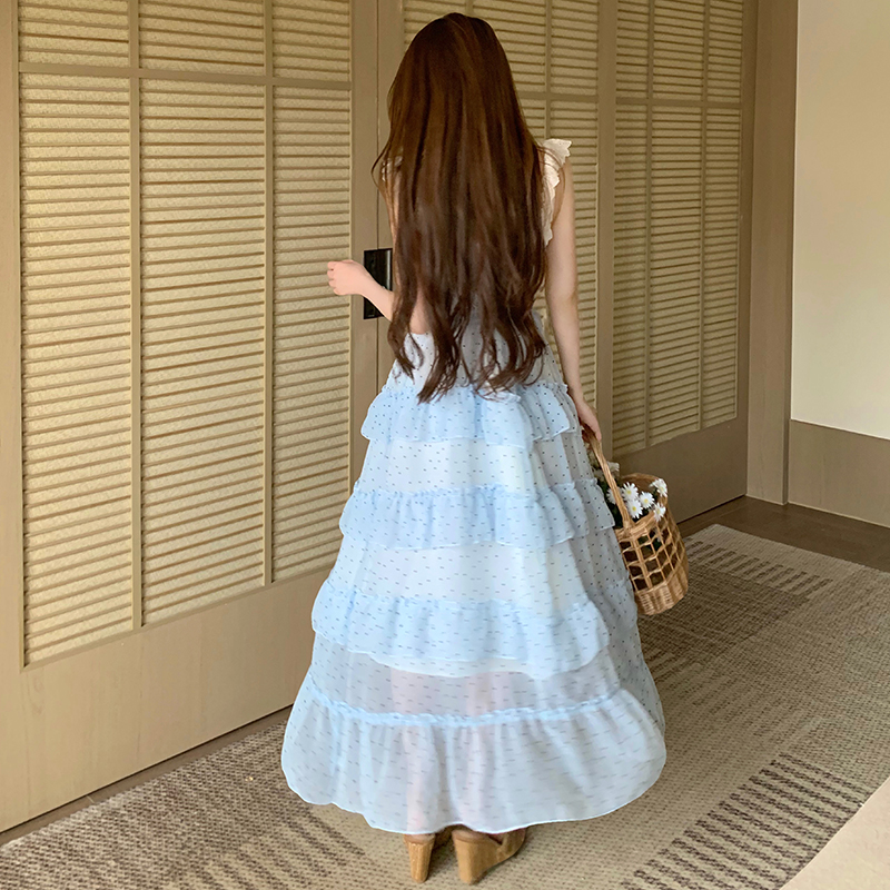 Blue Floral Off-Shoulder Long Dress Women French Waist-Slimming Sweet Princess Dress Summer New - Image 5