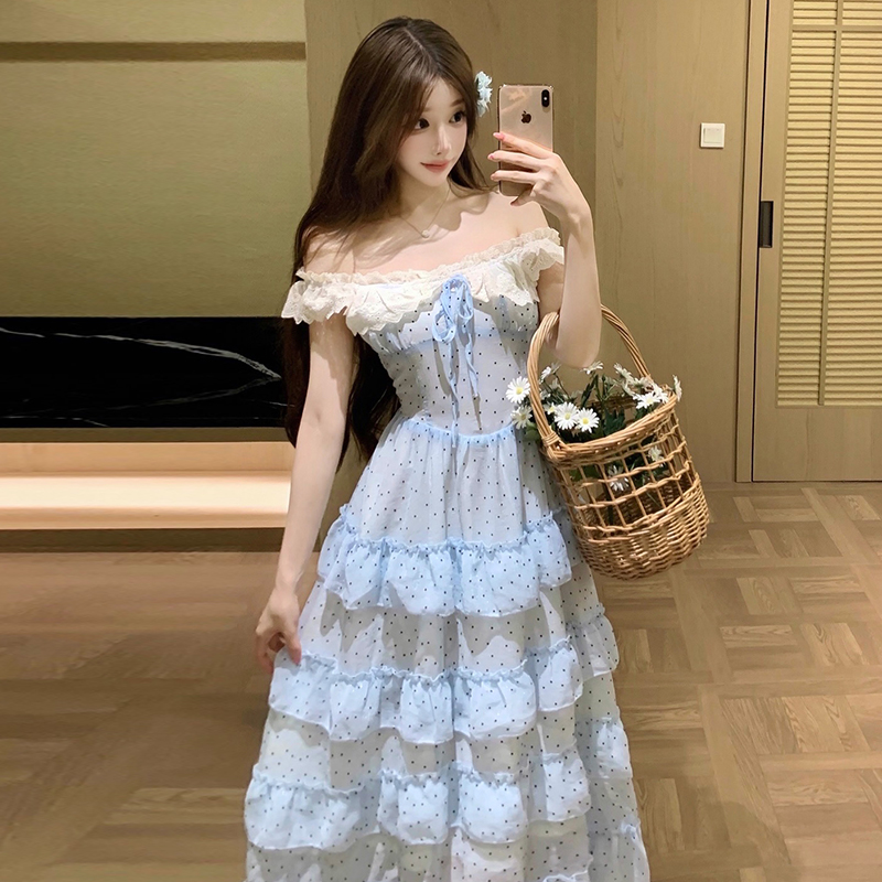 Blue Floral Off-Shoulder Long Dress Women French Waist-Slimming Sweet Princess Dress Summer New
