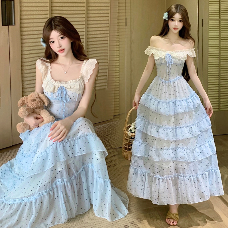 Blue Floral Off-Shoulder Long Dress Women French Waist-Slimming Sweet Princess Dress Summer New - Image 2