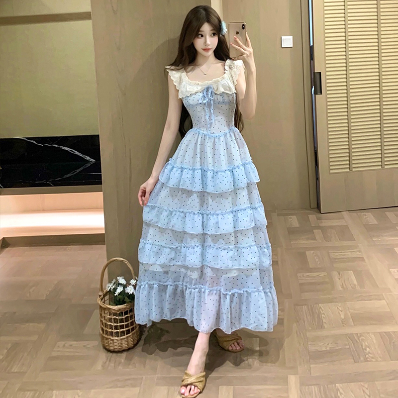 Blue Floral Off-Shoulder Long Dress Women French Waist-Slimming Sweet Princess Dress Summer New - Image 3