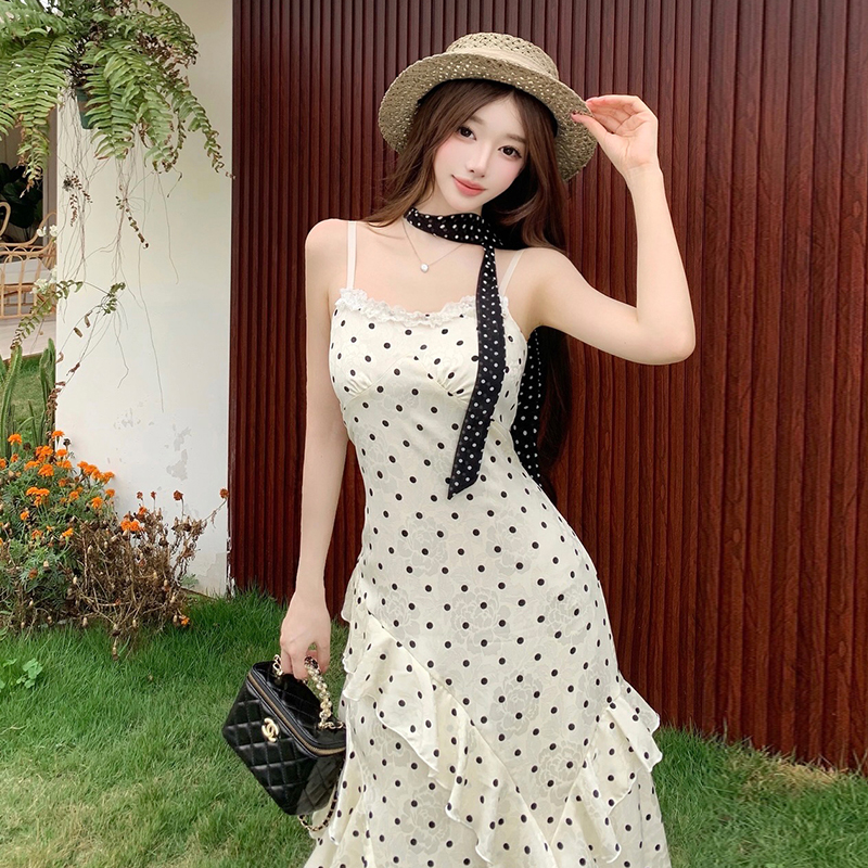 French Polka Dot Cami Dress Set with Cardigan and Ribbon - Image 5