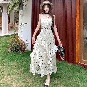 French Polka Dot Cami Dress Set with Cardigan and Ribbon