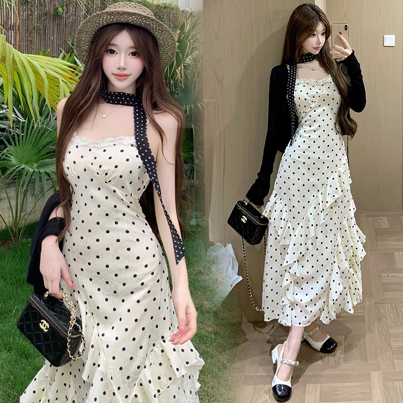 French Polka Dot Cami Dress Set with Cardigan and Ribbon - Image 2