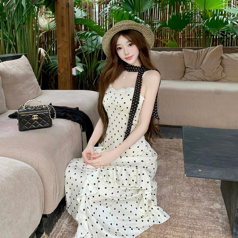 French Polka Dot Cami Dress Set with Cardigan and Ribbon - Image 3
