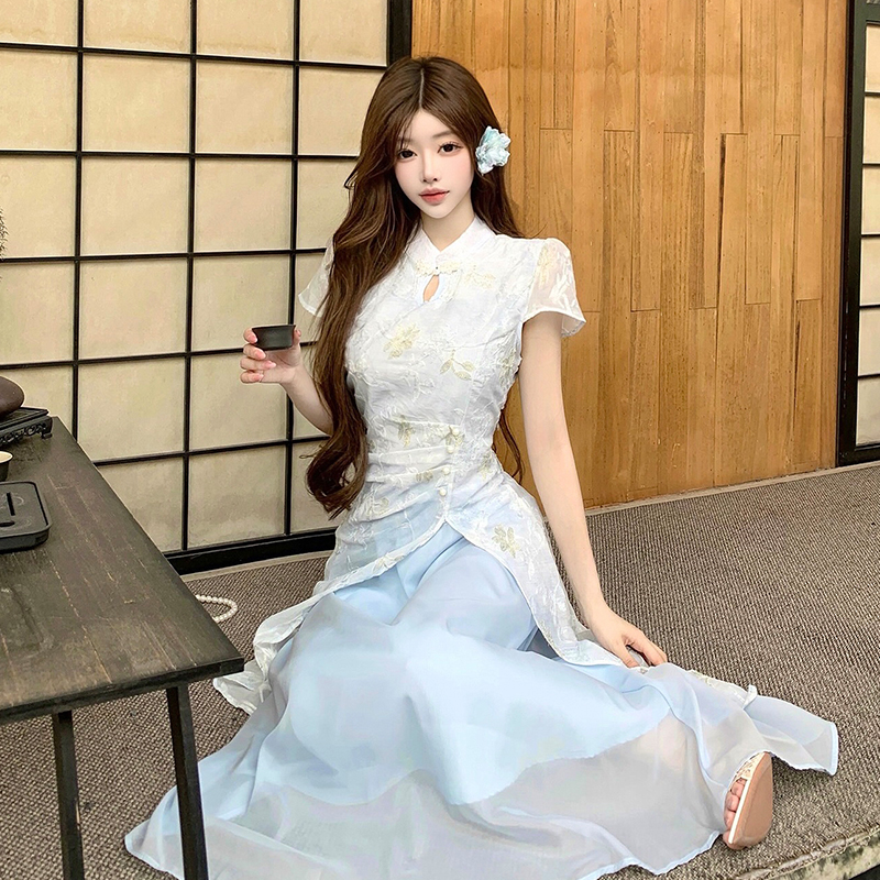 New Chinese Style Modified Qipao Dress Women Summer Light Blue Waist Cinched Slimming Slit Long Dress National Style Fairy Dress - Image 3