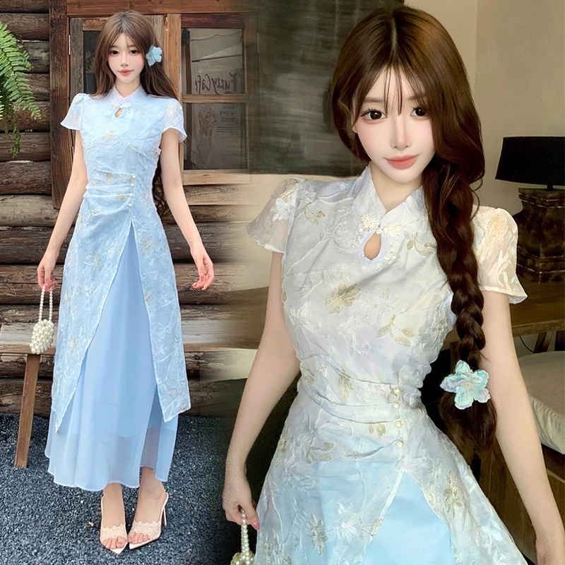 New Chinese Style Modified Qipao Dress Women Summer Light Blue Waist Cinched Slimming Slit Long Dress National Style Fairy Dress - Image 2