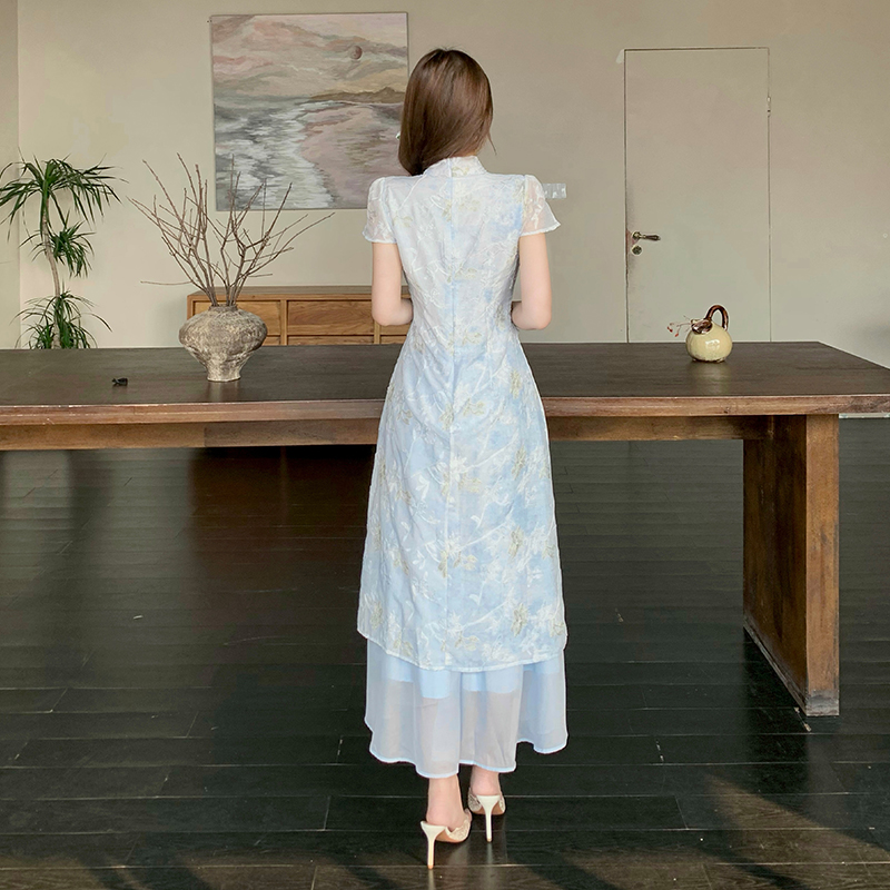 New Chinese Style Modified Qipao Dress Women Summer Light Blue Waist Cinched Slimming Slit Long Dress National Style Fairy Dress - Image 4