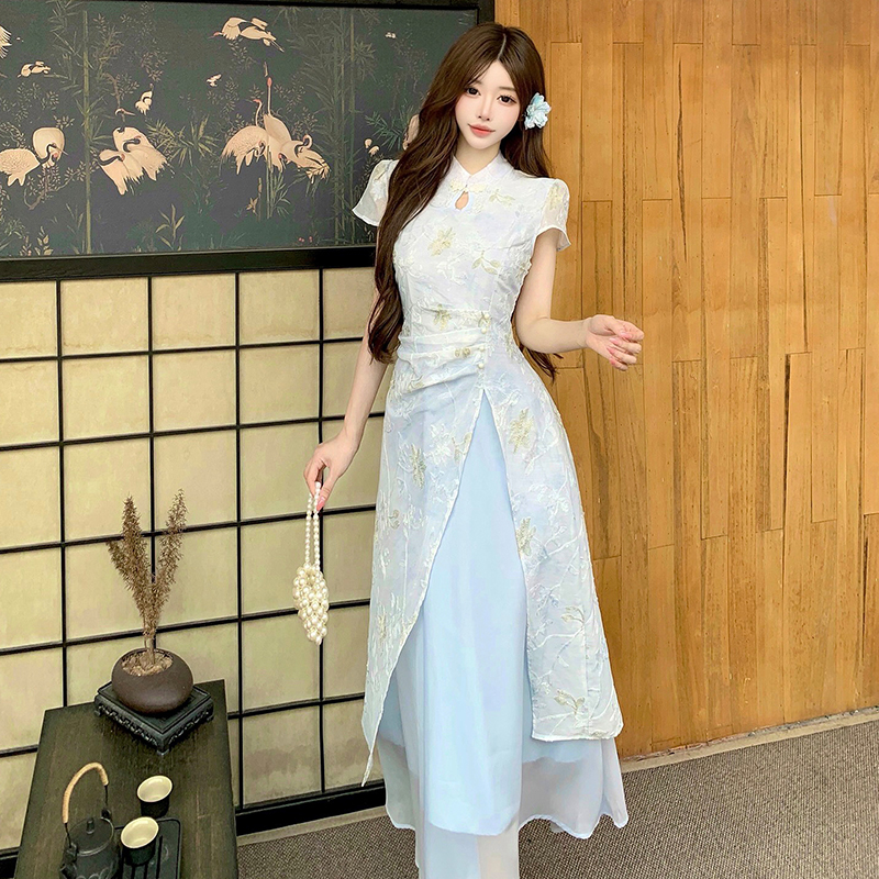 New Chinese Style Modified Qipao Dress Women Summer Light Blue Waist Cinched Slimming Slit Long Dress National Style Fairy Dress